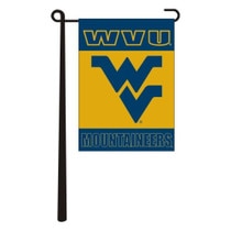 Navy and gold WVU garden flag with WVU over a Flying WV over Mountaineers